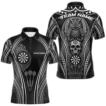 Maxcorners Custom Black And White Tribal Owl And Skull Darts Men Polo Shirt, Halloween Darts Outfit LM0208