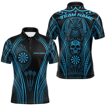 Maxcorners Custom Black And Blue Tribal Owl And Skull Darts Men Polo Shirt, Halloween Darts Outfit LM0208
