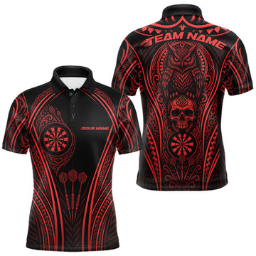 Maxcorners Custom Black And Red Tribal Owl And Skull Darts Men Polo Shirt, Halloween Darts Outfit LM0208