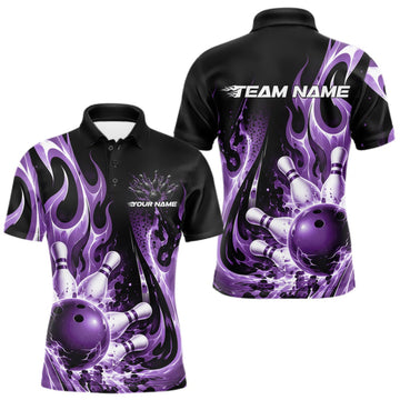 Maxcorners Custom Black And Purple Flame Bowling Jersey For Men, Bowling League Polo Shirt LM0410