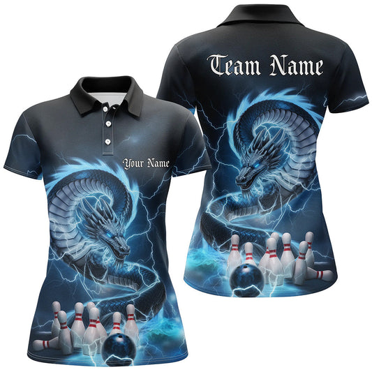 Maxcorners Custom Black And Blue Thunder Lightning Dragon Bowling Polo Shirts For Women Bowling Jerseys