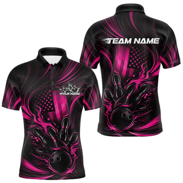 Maxcorners Custom Pink Patrotic Flame Bowling Men Polo Shirt, US Flag Bowling Team Jersey LM1104