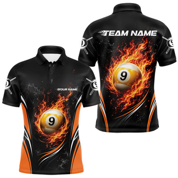 Maxcorners Custom Black And Orange Flame 9 Ball Billiards Jersey, Pool Team Men Polo Shirt