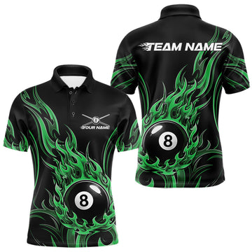 Maxcorners Custom Green Tribal Flame 8 Ball Billiards Men Polo Shirt, Pool League Shirt