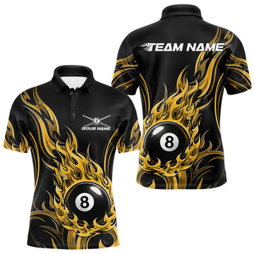 Maxcorners Custom Yellow Tribal Flame 8 Ball Billiards Men Polo Shirt, Pool League Shirt