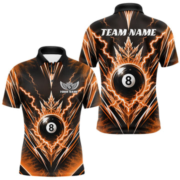 Maxcorners Custom Orange Icy Thunder Lightning 8 Ball Billiards Men Polo Shirt, Pool League Shirt