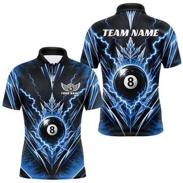 Maxcorners Custom Blue Icy Thunder Lightning 8 Ball Billiards Men Polo Shirt, Pool League Shirt