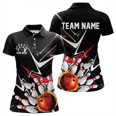 Maxcorners Custom Black And Red Flame Bowling Polo Shirts For Men And Women Fire Bowling Team Uniform