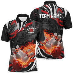 Maxcorners Red And Black Custom Flame Bowling Shirts For Men, Personalized Bowling Team Polo Shirts