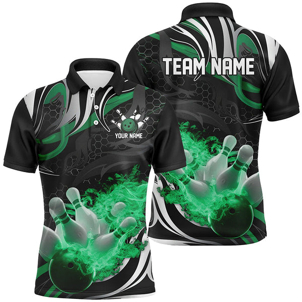 MaxCorners Bowling And Pins Green And Black Flame Customized Name, Team Name 3D Polo Shirt Unisex