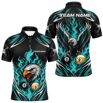 Maxcorners Custom Turquoise Blue Flame Eagle 8 Ball And 9 Ball Billiards Jersey Polo Shirt For Men