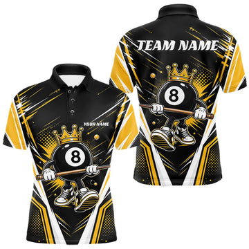 Maxcorners Custom Funny 8 Ball Wearing Crown Billiards King Men Polo Shirt, Yellow Pool Team Jerseys