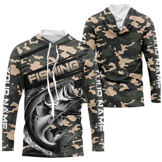 Maxcorners Largemouth Bass Fishing Camo Custom Long Sleeve Shirts, Patriotic Bass Fishing Jerseys LM0201