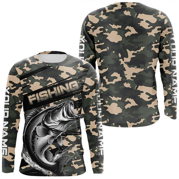 Maxcorners Largemouth Bass Fishing Camo Custom Long Sleeve Shirts, Patriotic Bass Fishing Jerseys LM0201