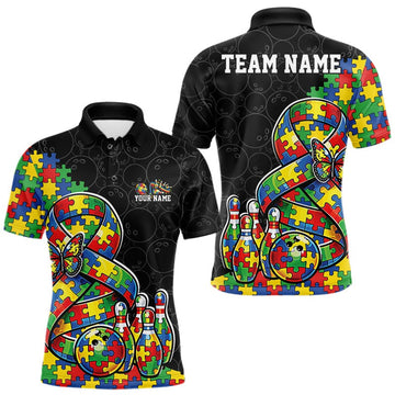 Maxcorners Custom Colorful Autism Awareness Butterfly Ribbon Bowling Men Shirt, Puzzles Jersey 1 LM1104