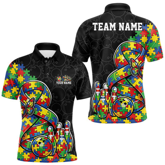 Maxcorners Custom Colorful Autism Awareness Butterfly Ribbon Bowling Men Shirt, Puzzles Jersey 1 LM1104