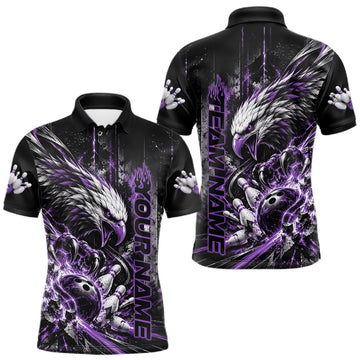 Maxcorners Custom Purple Grunge Eagle Bowling Men Polo Shirt, Team League Shirt Bowlers Outfit