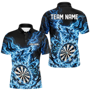 Maxcorners Custom Blue Flame Wolf Dart Team Men Polo Shirt, Crystal Ice Dartboard Shirt