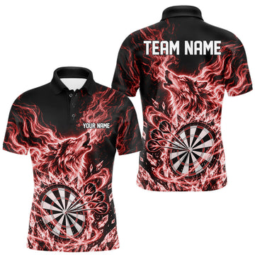 Maxcorners Custom Red Flame Wolf Dart Team Men Polo Shirt, Crystal Ice Dartboard Shirt