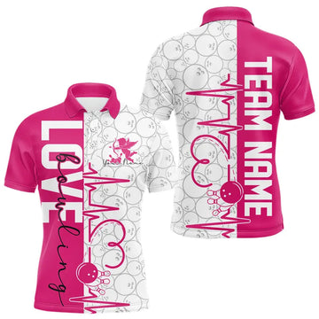 Maxcorners White And Pink Custom Love Bowling Polo Shirts, Valentines Couple Bowling Jerseys