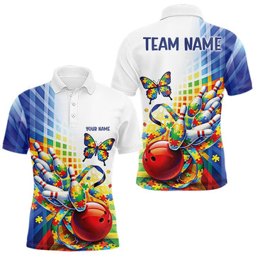 Maxcorners Custom Autism Awareness Butterfly Bowling Team Men Polo Shirt, Puzzles Bowling Jersey