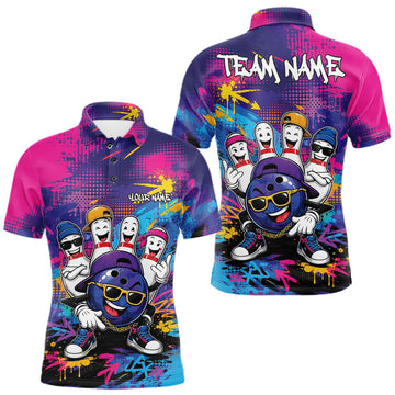 Maxcorners Custom Funny Colorful Hiphop Bowling Men Polo Team Shirt, Graffity Bowling Jerseys