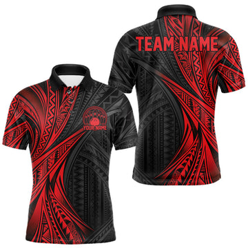 Maxcorners Custom Black And Red Tribal Pattern Bowling Team Men Polo Shirt, Bowling League Shirt