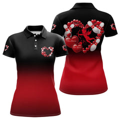 Maxcorners Black And Red Custom Valentines Day Bowling Polo Shirts For Men, Bowling Couple Shirt