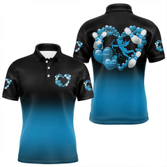 Maxcorners Black And Blue Custom Valentines Day Bowling Polo Shirts For Men, Bowling Couple Shirt