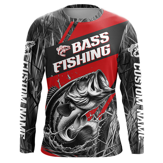 Maxcorners Black And Red Camo Bass Long Sleeve Tournament Fishing Shirts, Custom Bass Fishing Jerseys LM0201