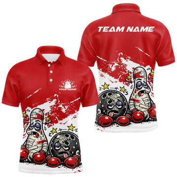 Maxcorners Custom Funny Boxing Bowling Men Polo Shirt, Red Grunge Bowling Team Tournament Jersey