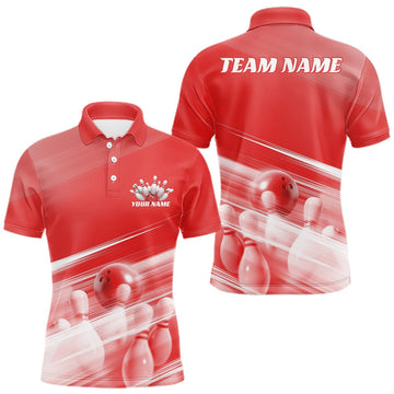 Maxcorners Custom Red Bowling Ball And Pins Bowling Team Polo Shirt For Men, Bowling League Shirt