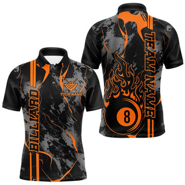 Maxcorners Custom Black And Orange 8 Ball Billiard Flame Men Polo Shirt, Pool Team Shirt
