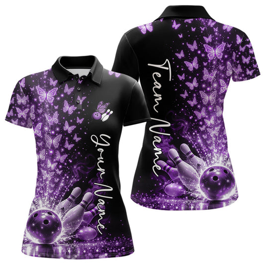 Custom Purple Butterfly Women Bowling Polo Shirt, Bowling League Shirt LM1203