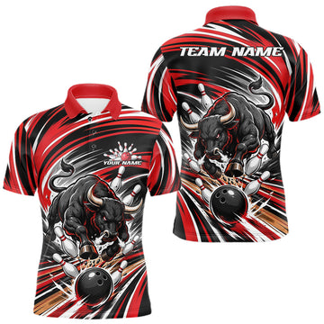 Maxcorners Custom Black And Red Angry Bull Bowling Jerseys, Bowling Team League Men Polo Shirt
