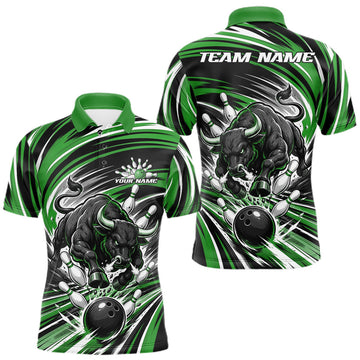 Maxcorners Custom Black And Green Angry Bull Bowling Jerseys, Bowling Team League Men Polo Shirt