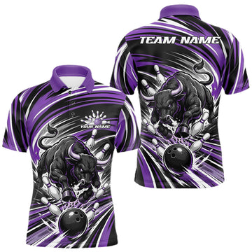 Maxcorners Custom Black And Purple Angry Bull Bowling Jerseys, Bowling Team League Men Polo Shirt