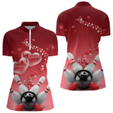 Maxcorners Red Heart Theme Custom Valentines Bowling Polo Shirts For Men, Couple Bowling Shirt