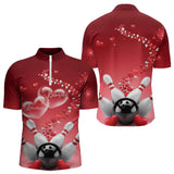 Maxcorners Red Heart Theme Custom Valentines Bowling Polo Shirts For Men, Couple Bowling Shirt