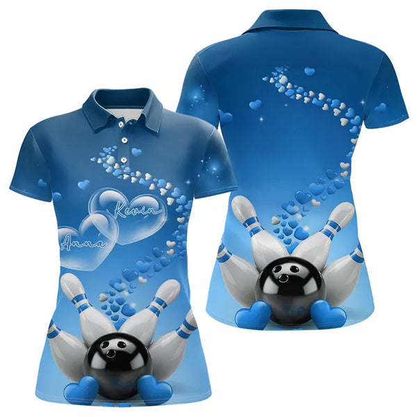 Maxcorners Blue Heart Theme Custom Valentines Bowling Polo Shirts For Men, Couple Bowling Shirt