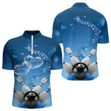 Maxcorners Blue Heart Theme Custom Valentines Bowling Polo Shirts For Men, Couple Bowling Shirt