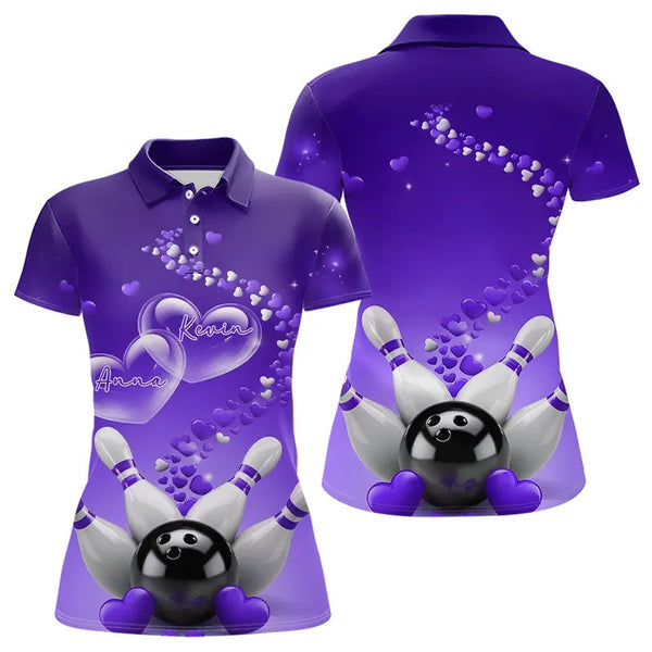 Maxcorners Purple Heart Theme Custom Valentines Bowling Polo Shirts For Men, Couple Bowling Shirt