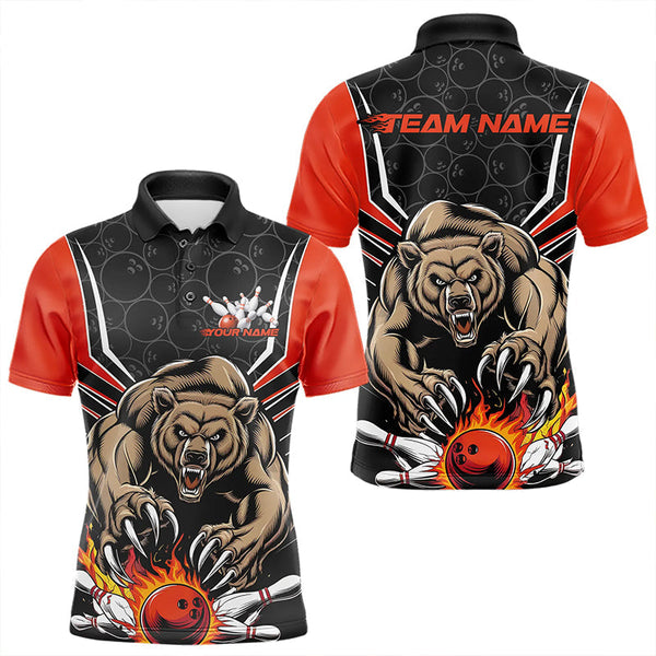 Maxcorners Black And Orange Custom Bear Bowling Jerseys, Bear Bowling Team Polo Shirts For Men