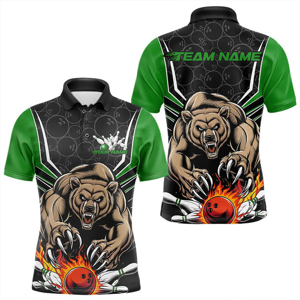 Maxcorners Black And Green Custom Bear Bowling Jerseys, Bear Bowling Team Polo Shirts For Men