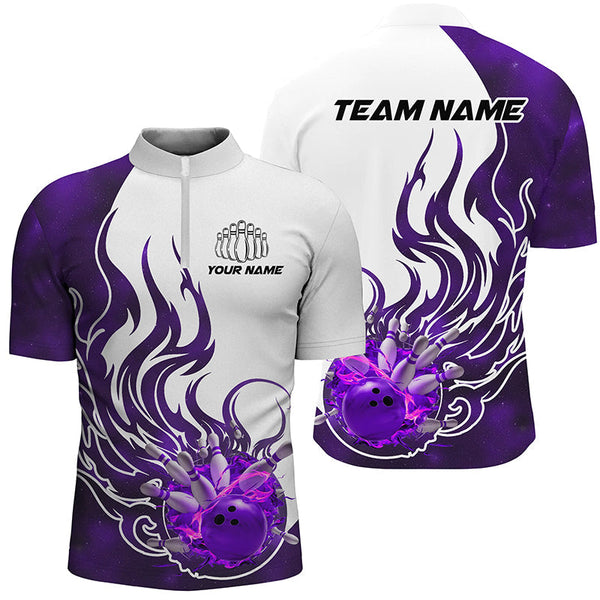 Maxcorners Bowling Ball And Pins Purple Flame Customized Name, Team Name 3D Polo Shirt