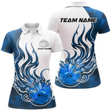 Maxcorners Bowling Ball And Pins Blue Flame Customized Name, Team Name 3D Polo Shirt