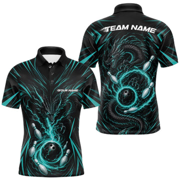 Maxcorners Custom Turquoise Blue Lightning Dragon Bowling Team Men Polo Shirt, Bowling League Shirt LM1508
