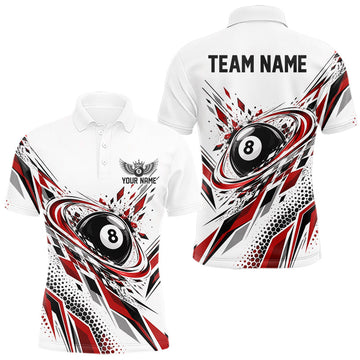 Maxcorners Custom White And Red Geometric 8 Ball Billiard Men Polo Shirt, Billiard Jersey
