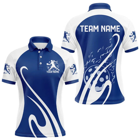 Maxcorners Custom White And Blue Pickleball Polo Shirts For Men, Flame Pickleball Tournament Team Shirt LM1307