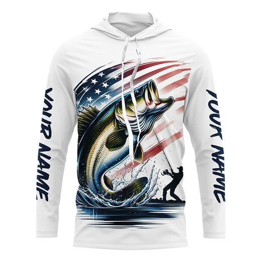 Maxcorners Personalized American Flag Bass Long Sleeve Fishing Shirts, Patriotic Bass Fishing Jerseys LM0201